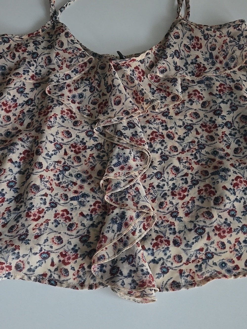 About A Girl Cream Floral Ruffle Camisole with Red & Blue Print